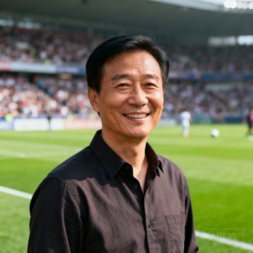 一位四十岁左右的中国男性面带微笑，穿着深色衬衫，背景是足球场的绿色草坪和模糊的观众席，眼神中透露出对足球的深刻热爱