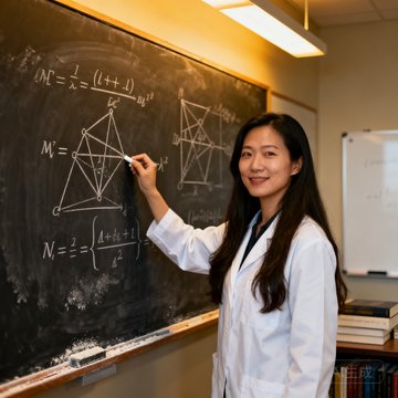 一位三十多岁的女性数据科学家，长发披肩，在黑板前用粉笔书写复杂的数学模型公式，穿着白色实验室外套，神情专注而自信