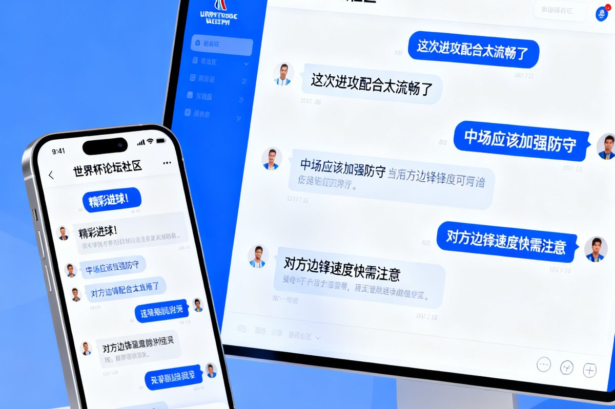 手机屏幕和电脑屏幕上显示着世界杯论坛社区界面，多条球迷评论实时滚动，有人在为进球欢呼，有人在进行战术分析，界面设计现代简洁